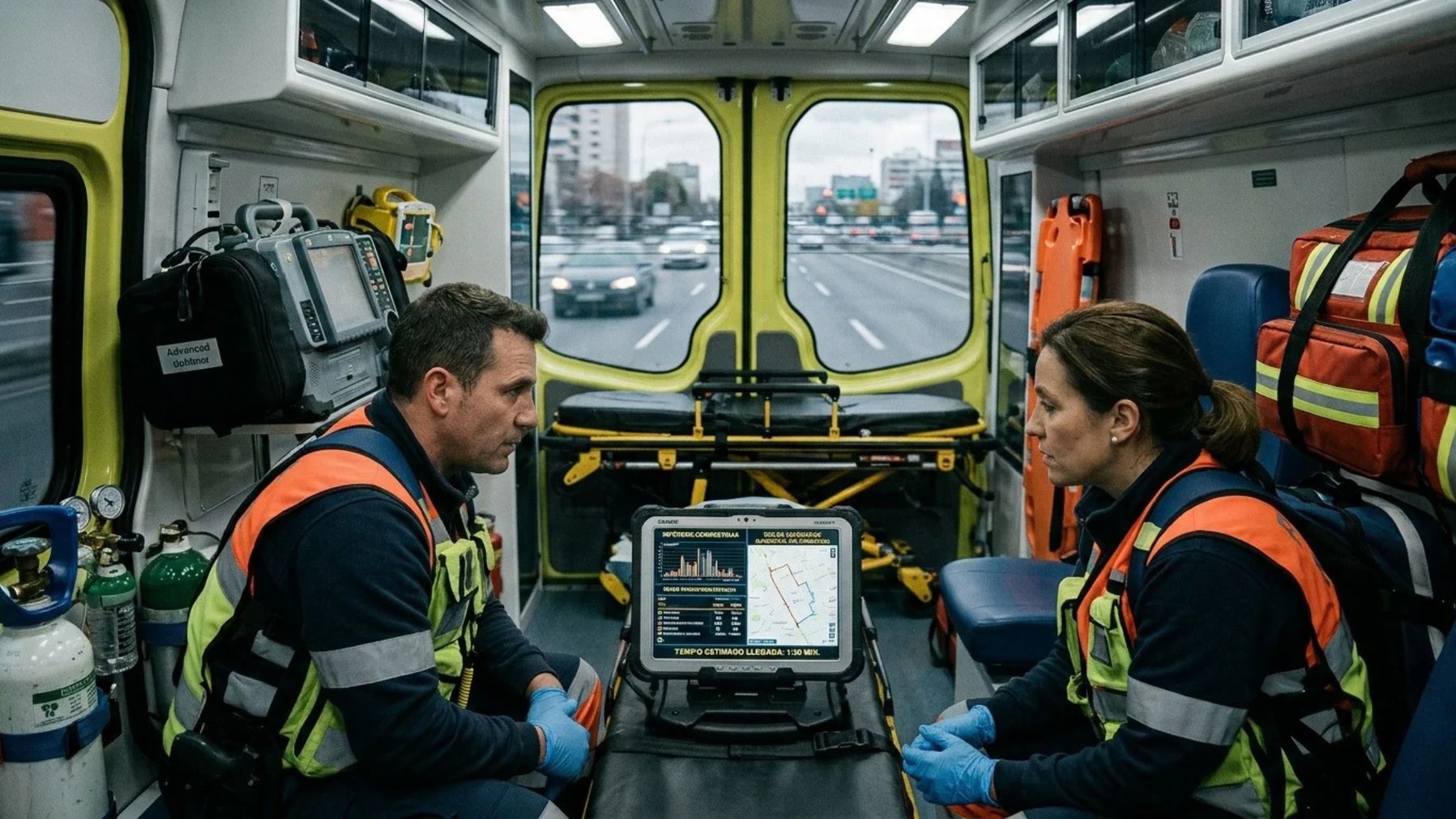 Técnicos sanitarios sentados en una ambulancia haciendo el briefing inicial previo a llegar al lugar de la emergencia