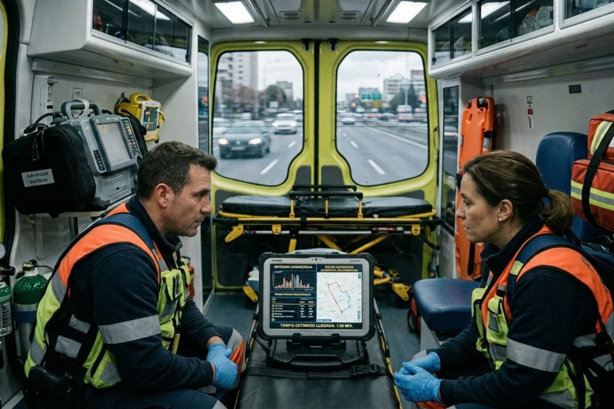 Técnicos sanitarios sentados en una ambulancia haciendo el briefing inicial previo a llegar al lugar de la emergencia